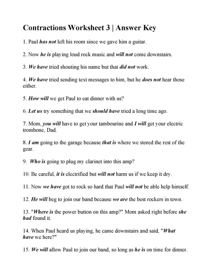 Contractions Worksheet 3  Answers