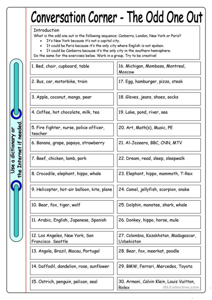 Conversation Corner  The Odd One Out  English Esl Worksheets