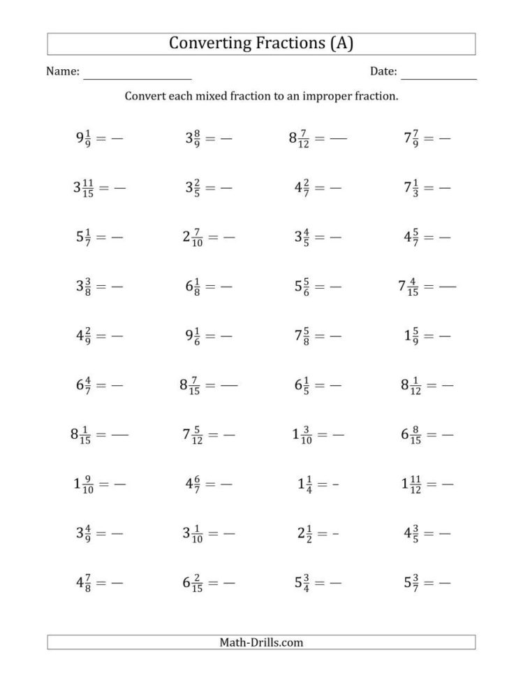 Converting Mixed Fractions To Improper Fractions A