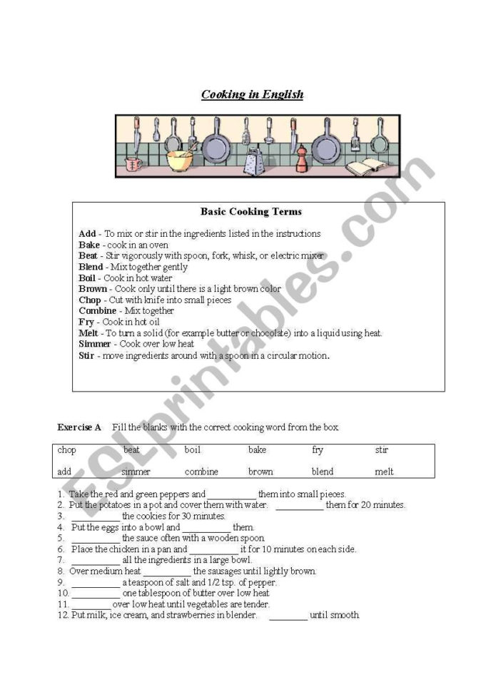 Cooking In English  Esl Worksheetcarole