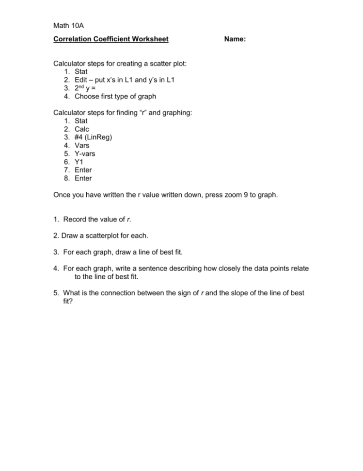 Correlation Coefficient Worksheet