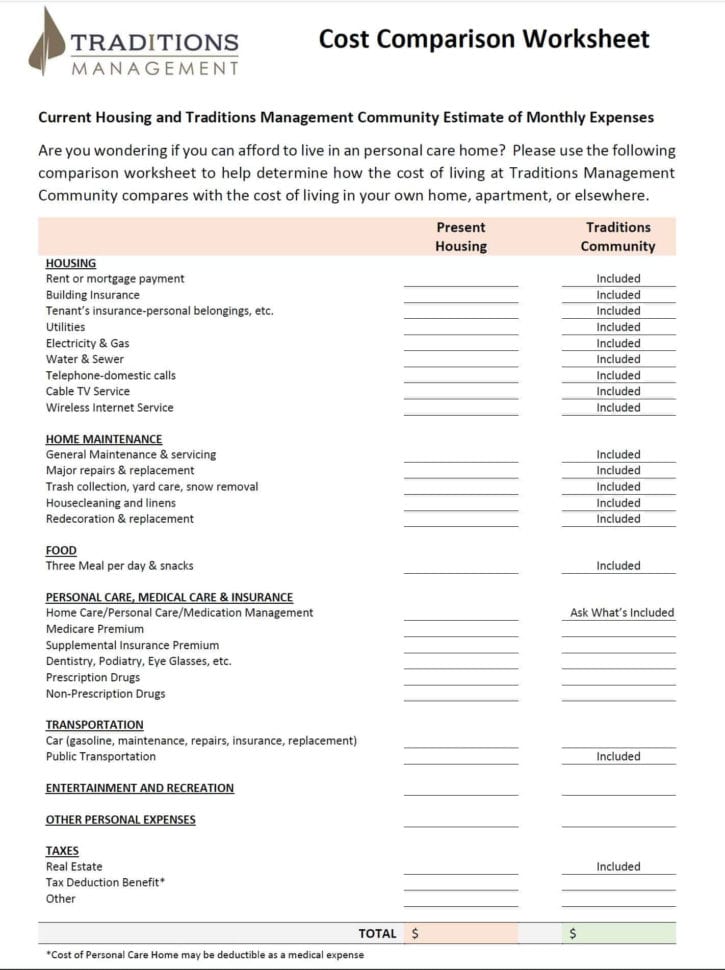 Cost Comparison Worksheet  Apple Blossom Senior Living