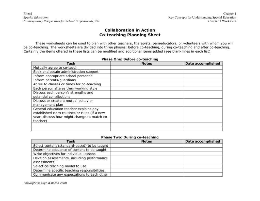 Coteaching Planning Sheet