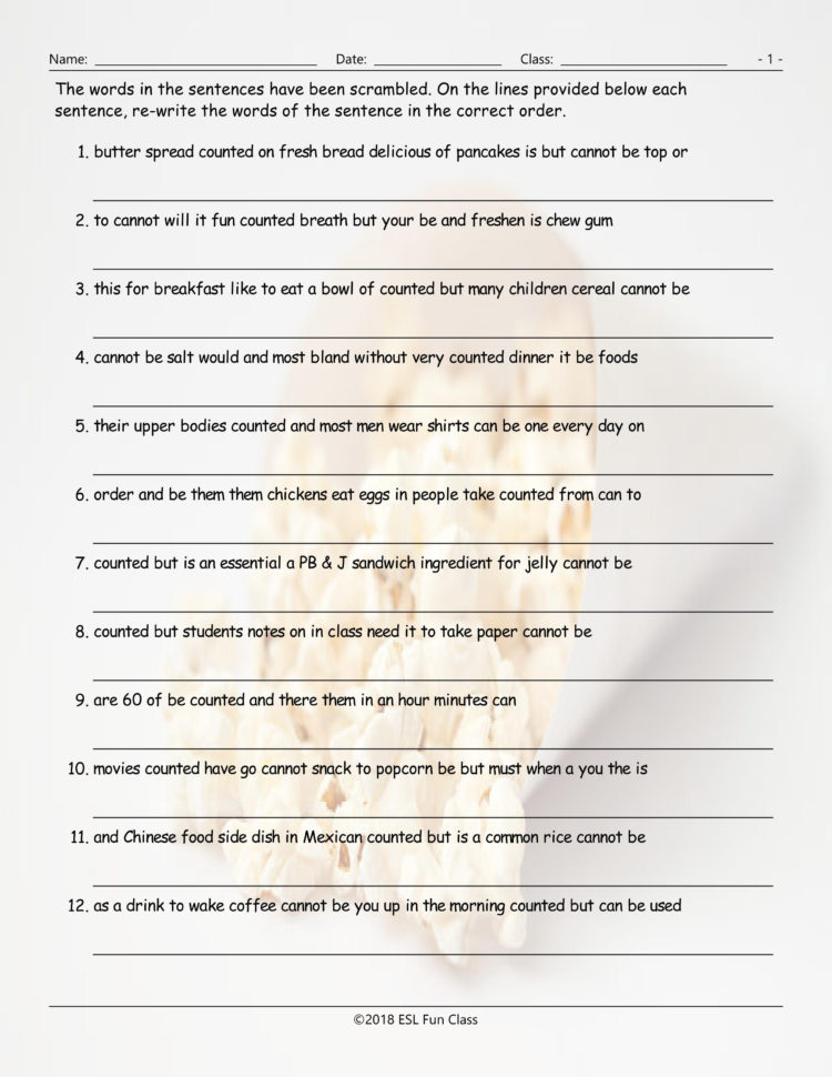 Countableuncountable Nouns Scrambled Sentences Worksheet Countableuncountable Nouns Scrambled Sentences Worksheet
