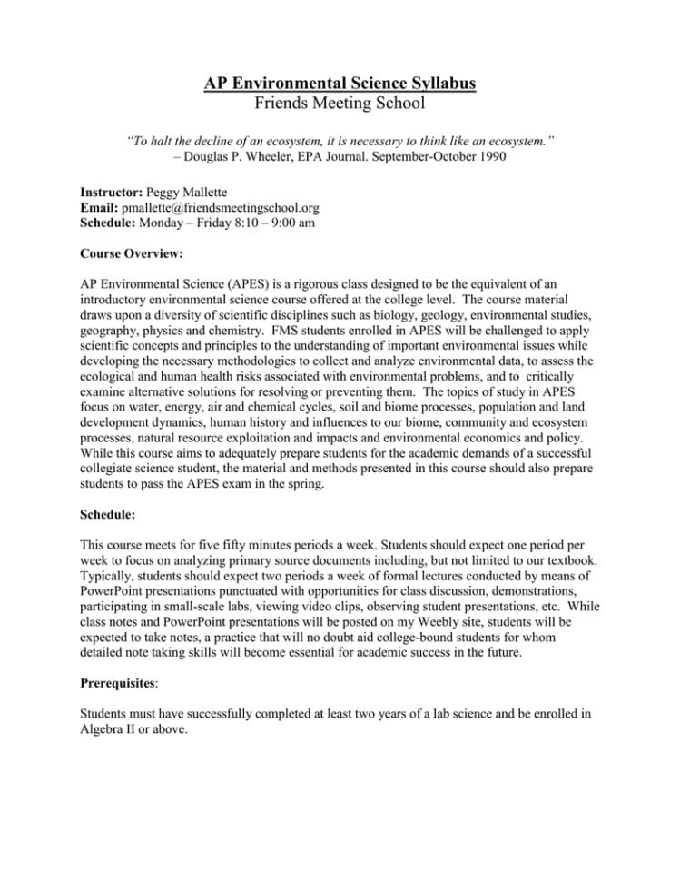 Course Title Ap Environmental Science  Fms Apes