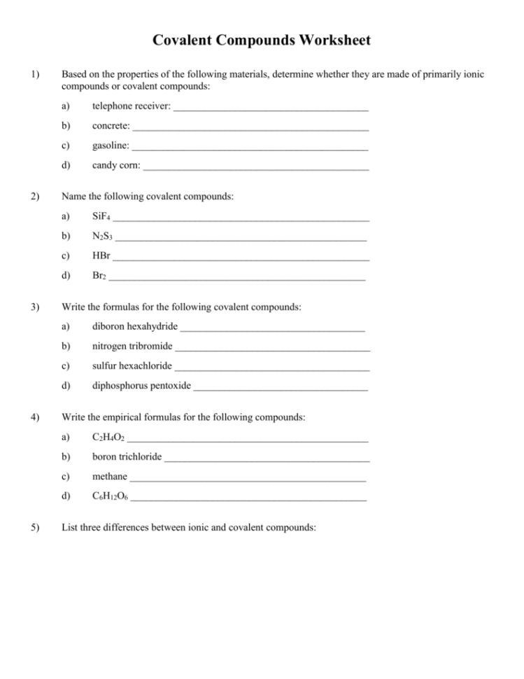 Covalent Naming And Formula Writing Worksheet