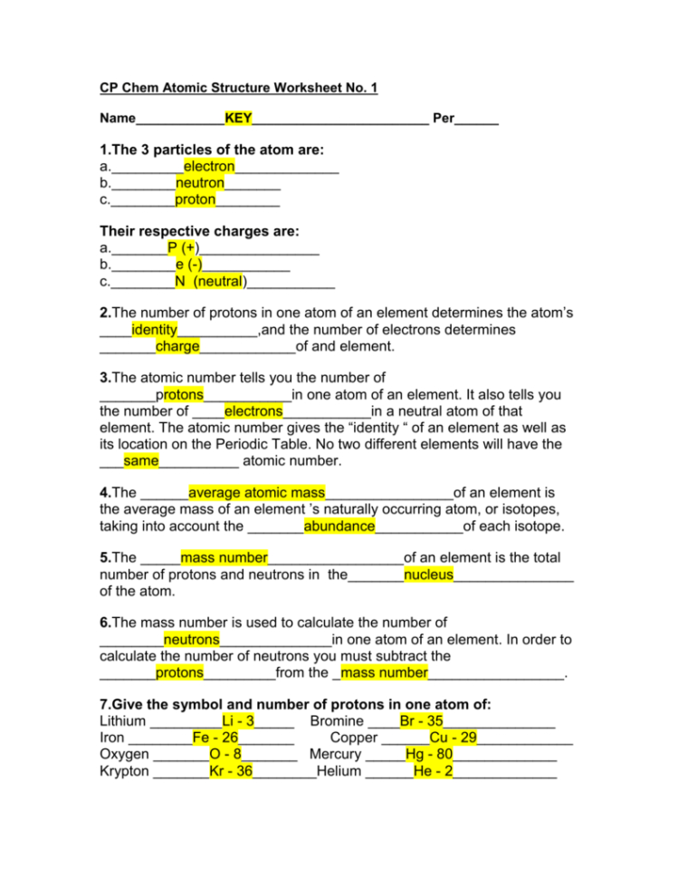 Cp Chem Atomic Structure Worksheet No  Ericksoncpchem201011