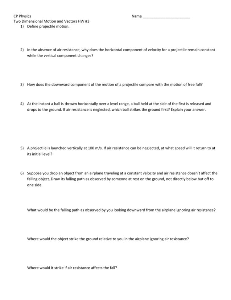 Cp Physics Name Two Dimensional Motion And Vectors Hw 3