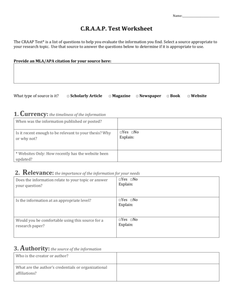Craap Test Worksheet
