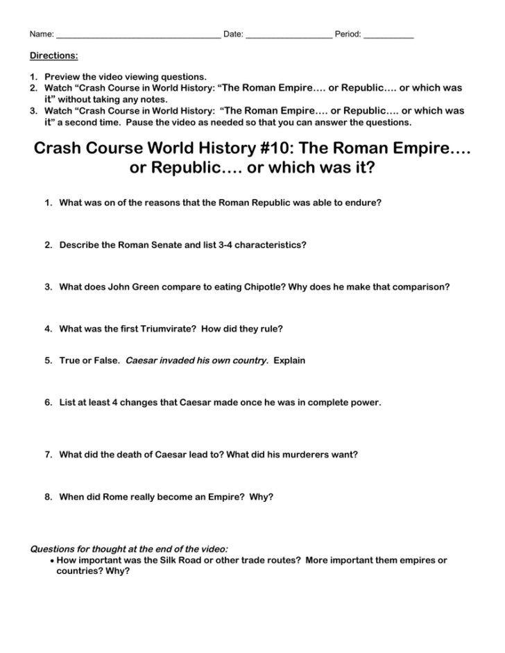Crash Course World History Worksheets