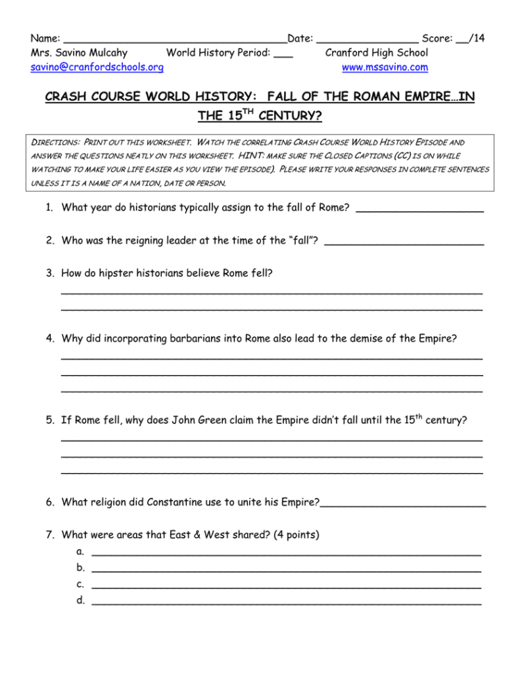 Crash Course World History Fall Of The Roman Empire…in The 15Th