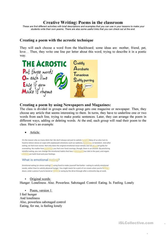 Creative Writing Activities Writing Poems  English Esl