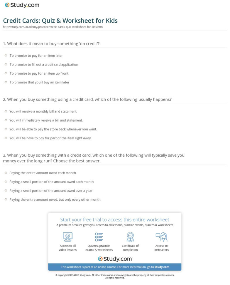 Credit Cards Quiz  Worksheet For Kids  Study