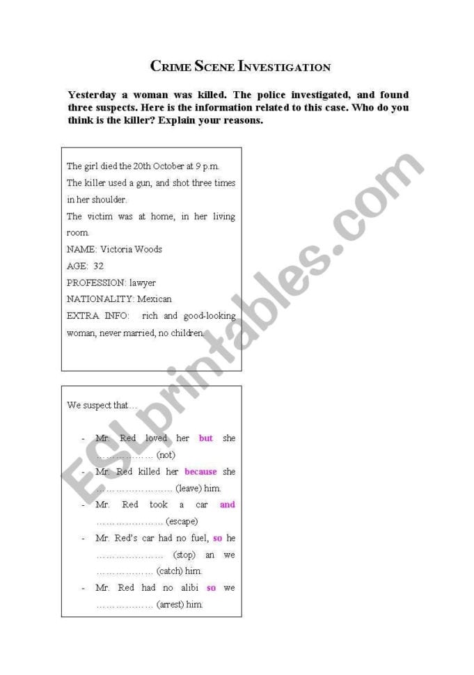 Crime Scene Investigation  Esl Worksheetelisa28