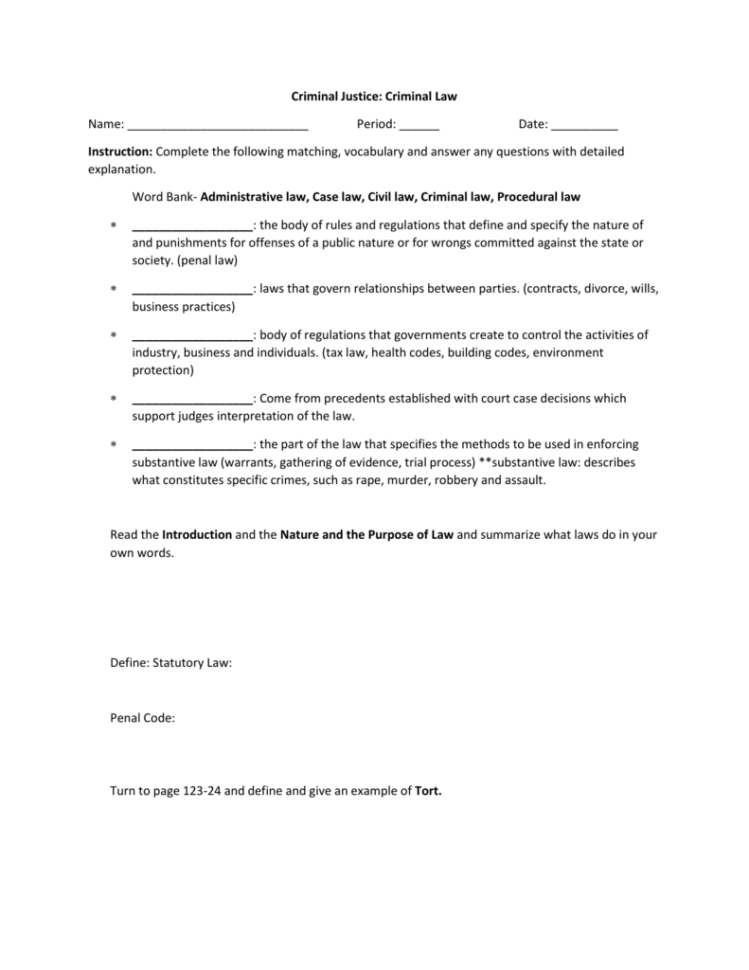 Criminal Law And Defense Worksheet