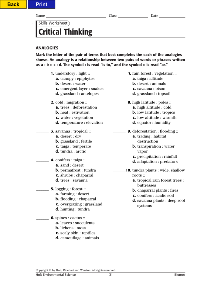 Skills Worksheet Critical Thinking Analogies