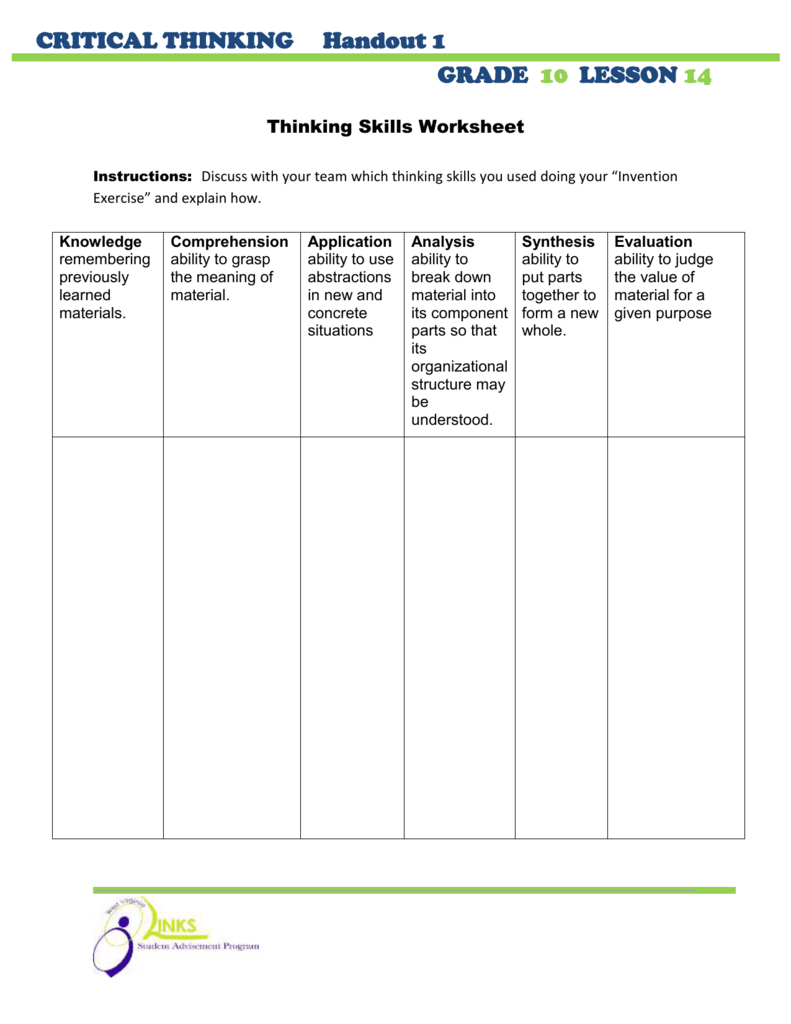 Critical Thinking Skills Worksheet