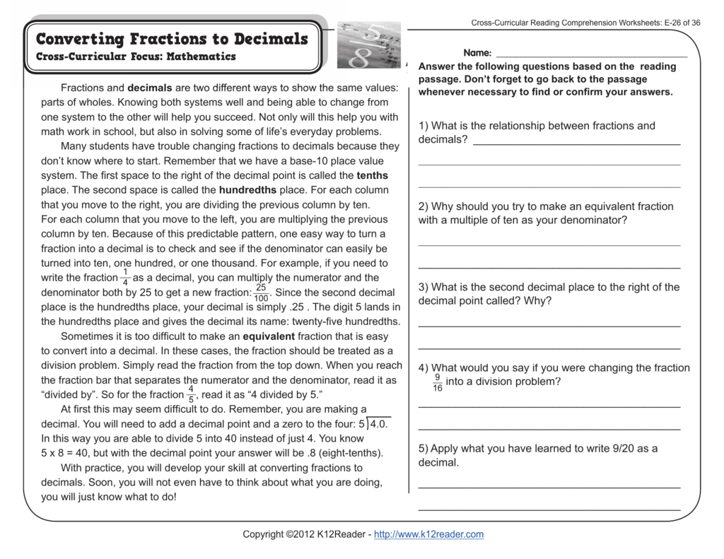 Crosscurricular Reading Comprehension Worksheets E
