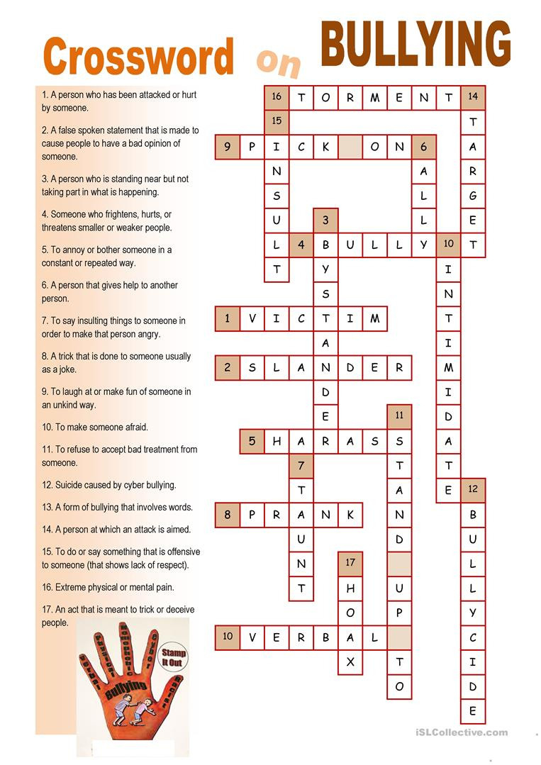 Crossword On Bullying Key  English Esl Worksheets