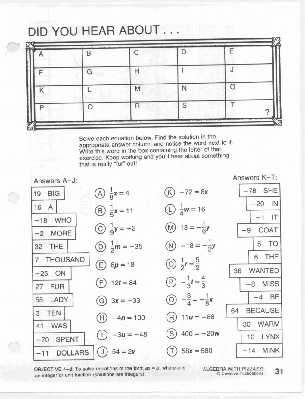 Cryptic Quiz Math Worksheet Answers