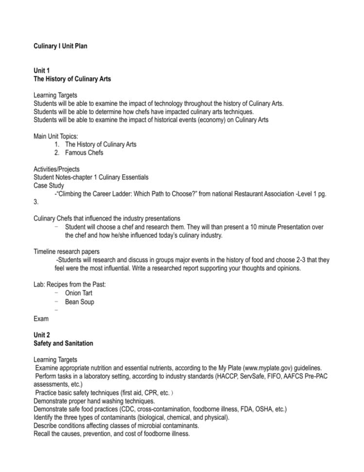 Culinary 1 Unit Plan