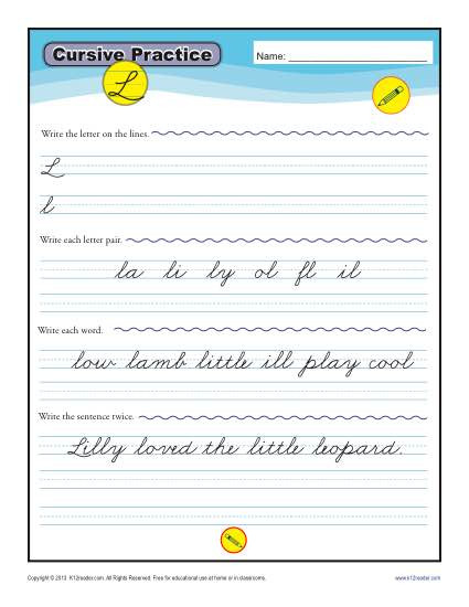 Cursive L  Letter L Worksheets For Handwriting Practice
