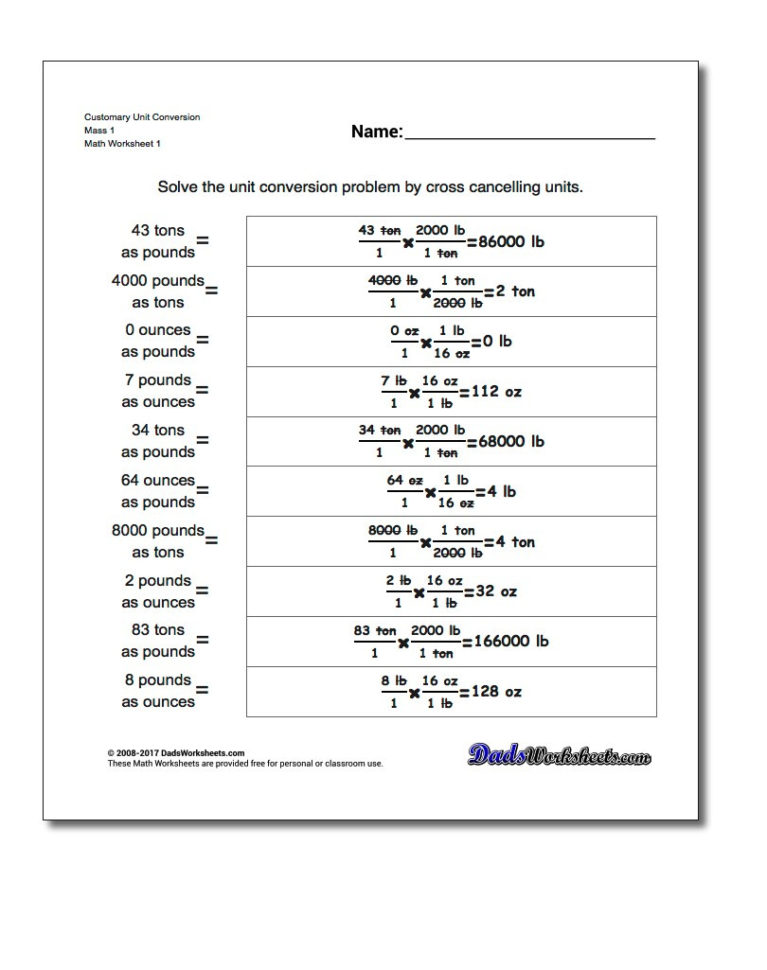 Conversions In Math Worksheets