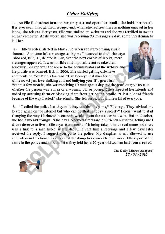 Cyber Bullying  Reading Comprehension  Esl Worksheetgaddeh Cyber Bullying  Reading Comprehension  Esl Worksheetgaddeh
