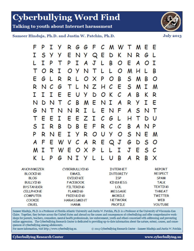 Cyberbullying Word Find Talking To Youth About Internet Cyberbullying Word Find Talking To Youth About Internet