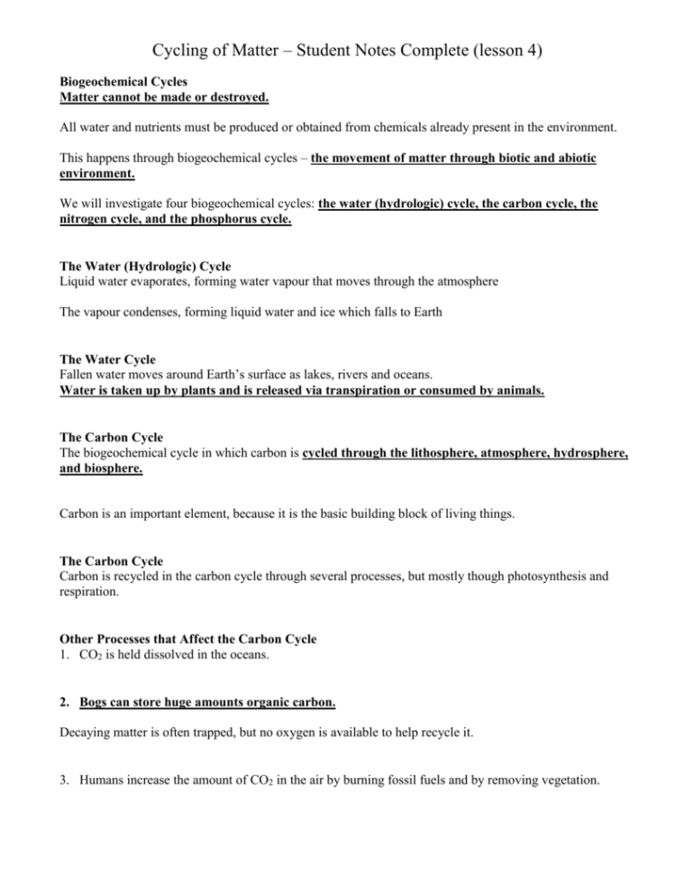 Cycling Of Matter – Student Notes Complete Lesson 4