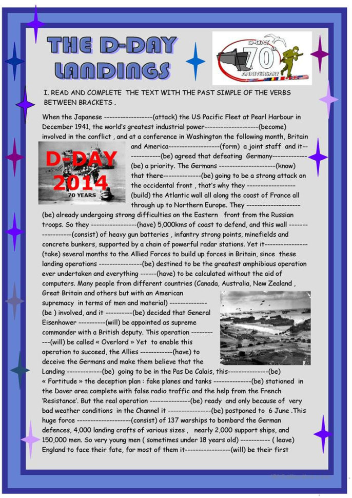 D Day Landings  3 Page Past Simple Practice  English Esl