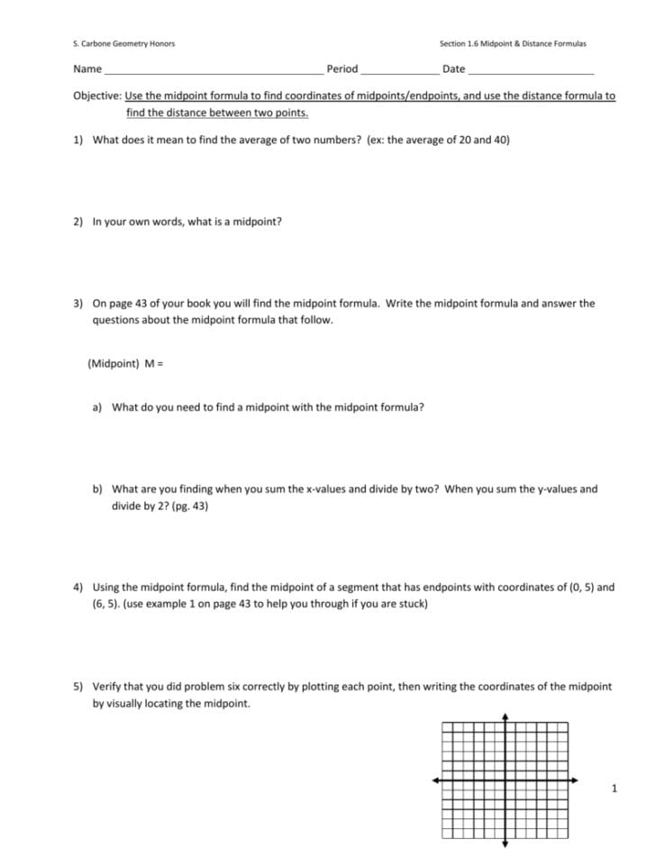 The Midpoint Formula Worksheet Answers