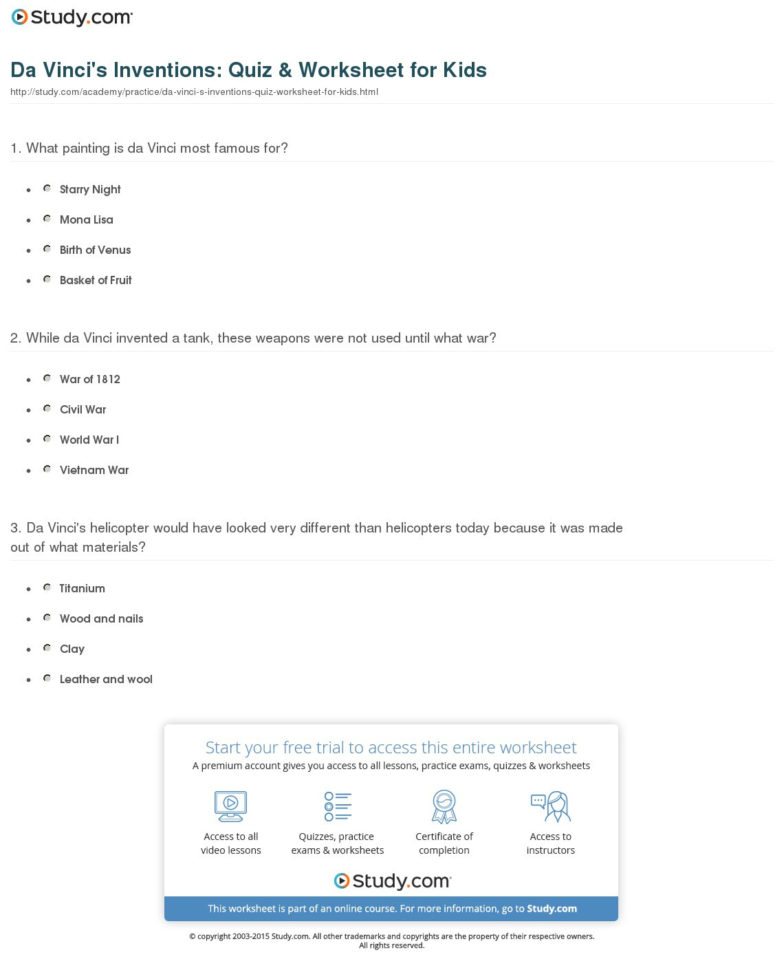 Da Vinci's Inventions Quiz  Worksheet For Kids  Study