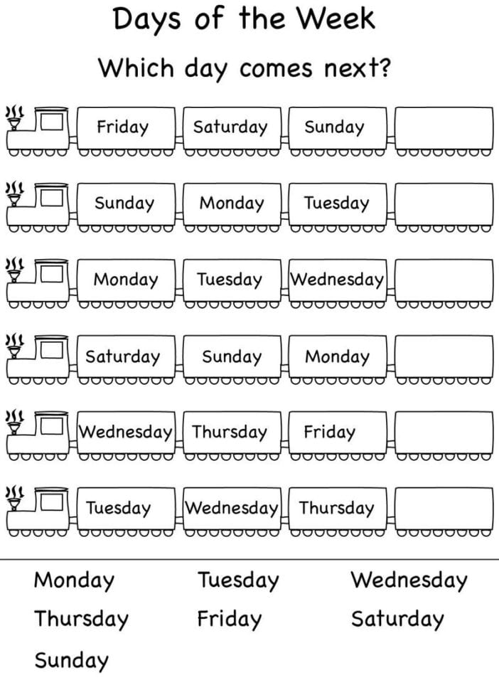 Days Kindergarten English Worksheets » Printable Coloring
