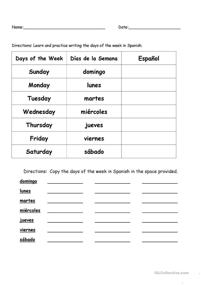 Days Of The Week In Spanish  English Esl Worksheets