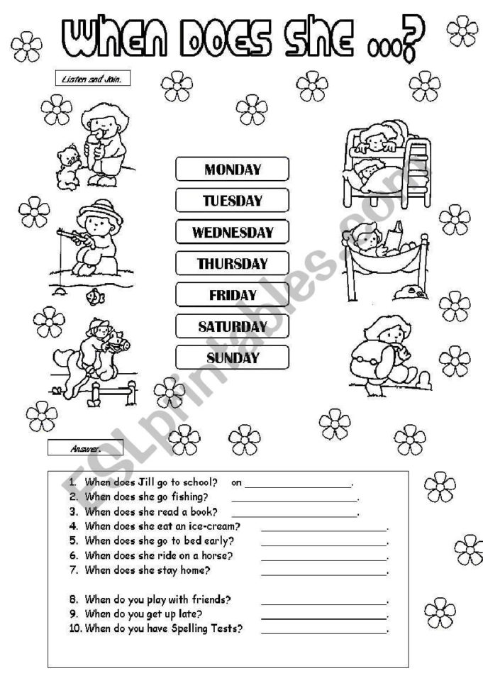 Days Of The Week  Listening Activity 12  Esl Worksheet