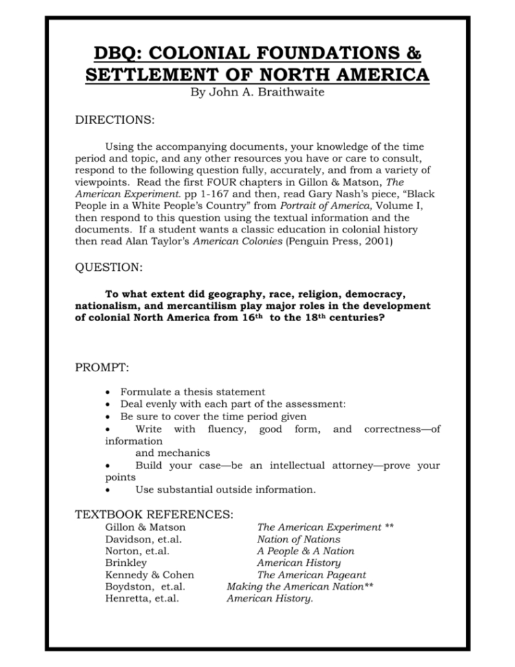 Dbq Colonial Foundations With Answersdoc