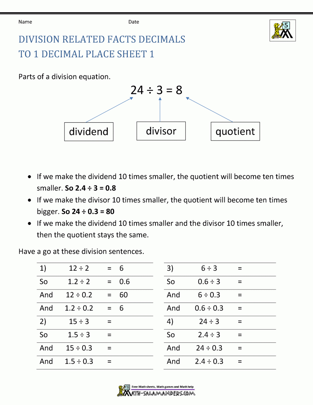 Division Of Decimals Worksheet Multiple Choice