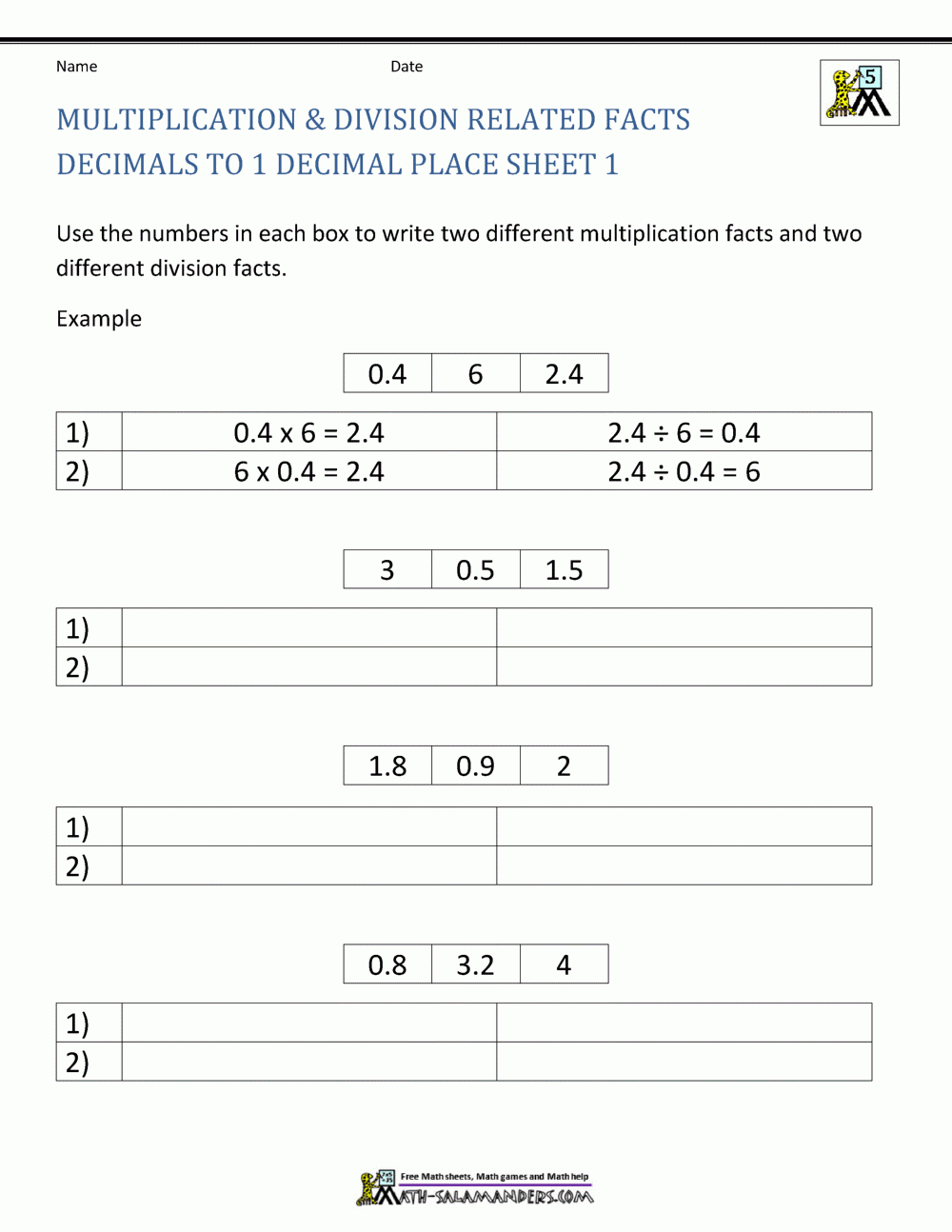 Decimal Division Worksheets