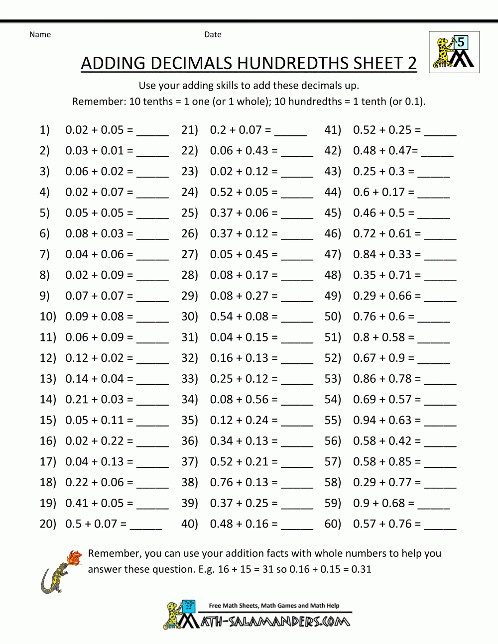 decimal math worksheets addition db excelcom