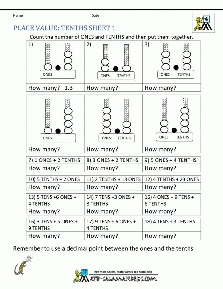 Decimal Place Value Worksheets 4Th Grade