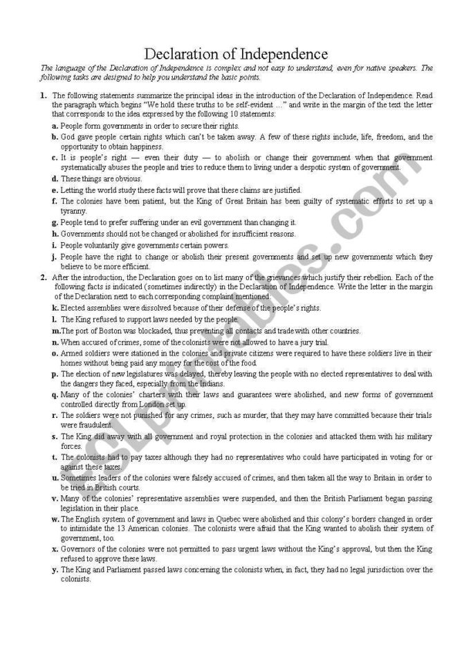 Declaration Of Independence  Esl Worksheetdennypackard