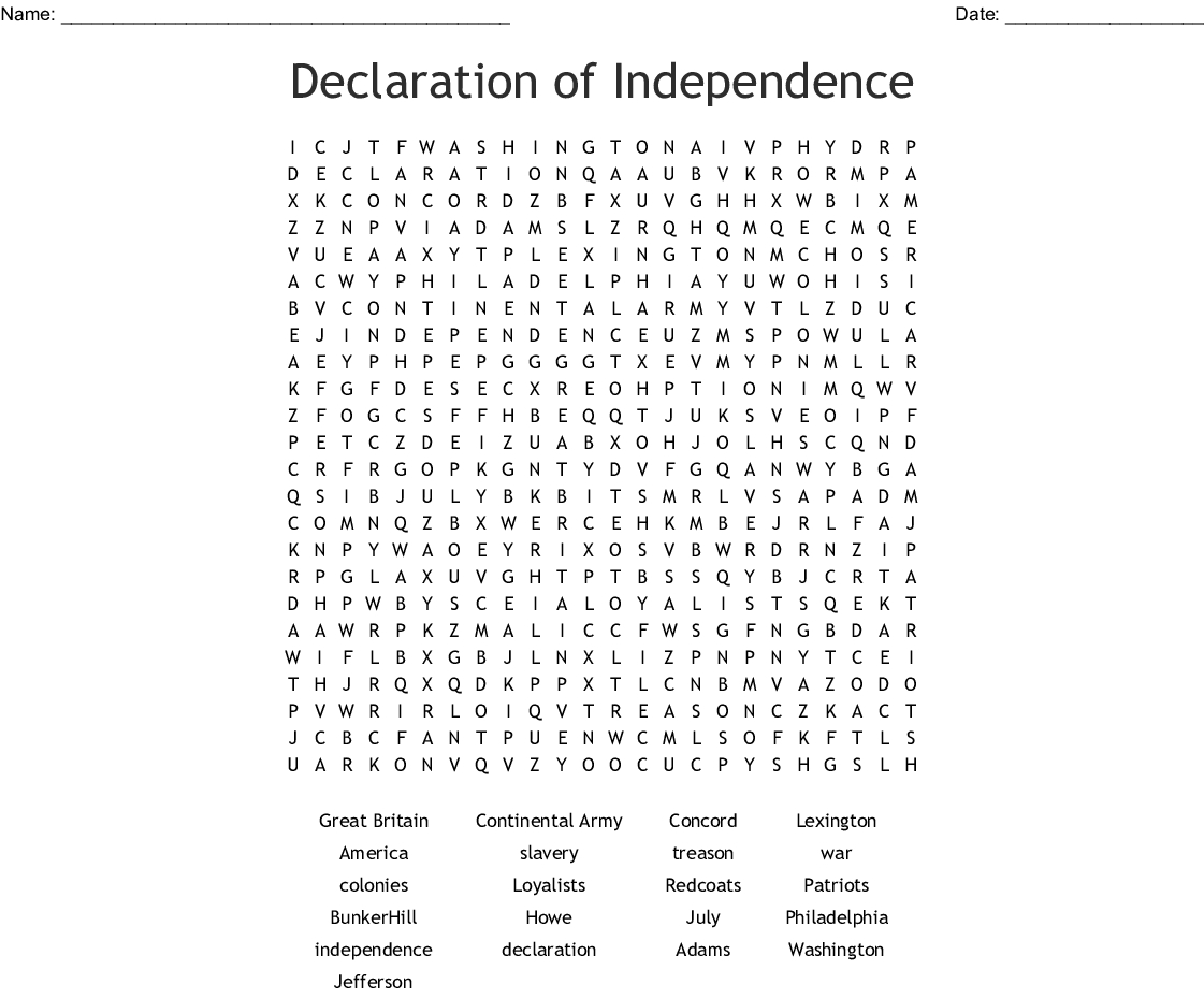 Declaration Of Independence Worksheet