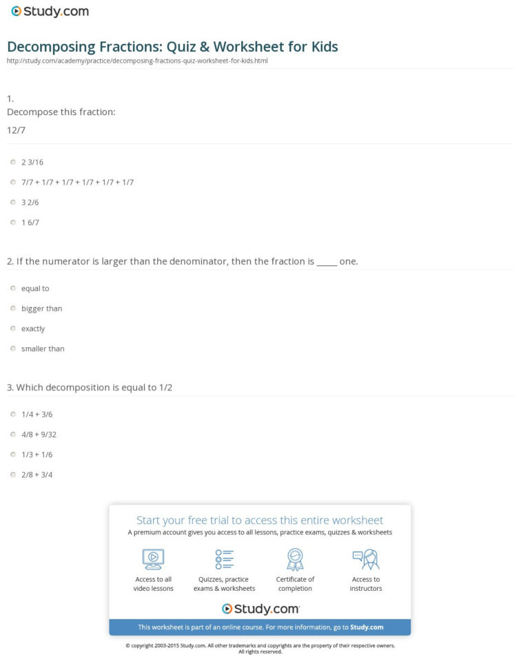 Decomposing Fractions Quiz  Worksheet For Kids  Study