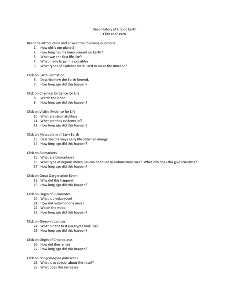 Deep History Of Life On Earth Worksheet Answers