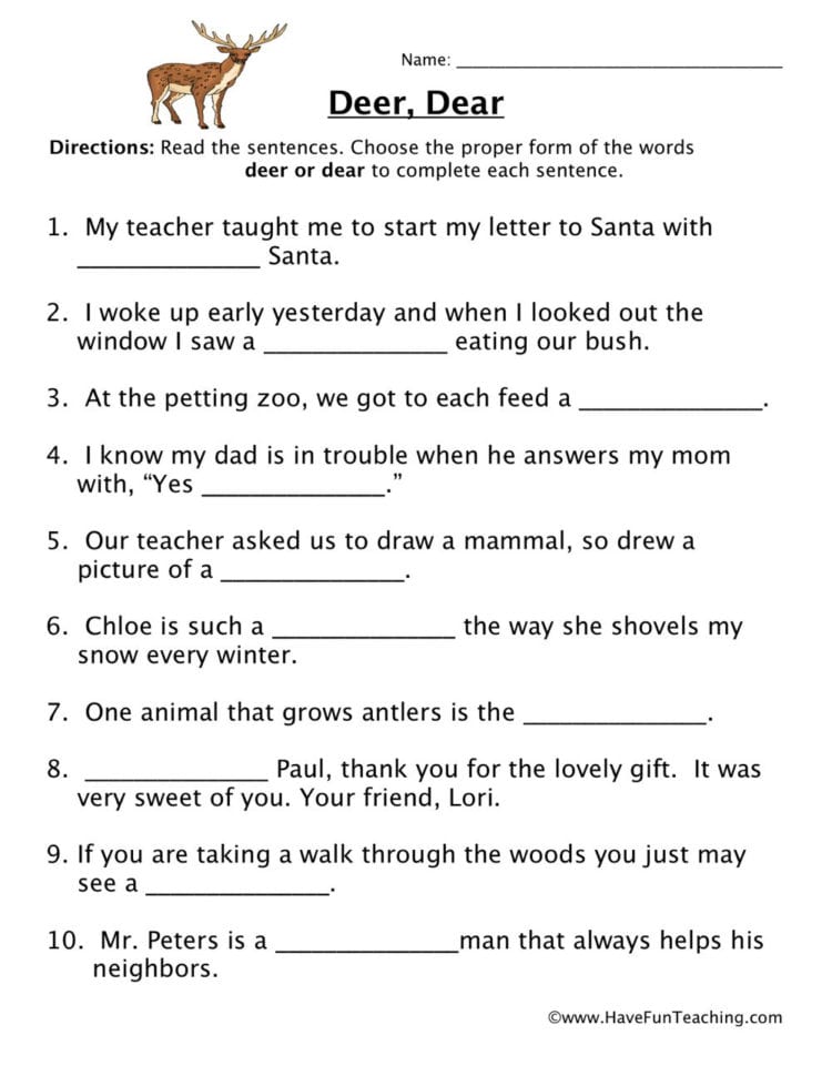 Deer Dear Homophones Worksheet  Have Fun Teaching