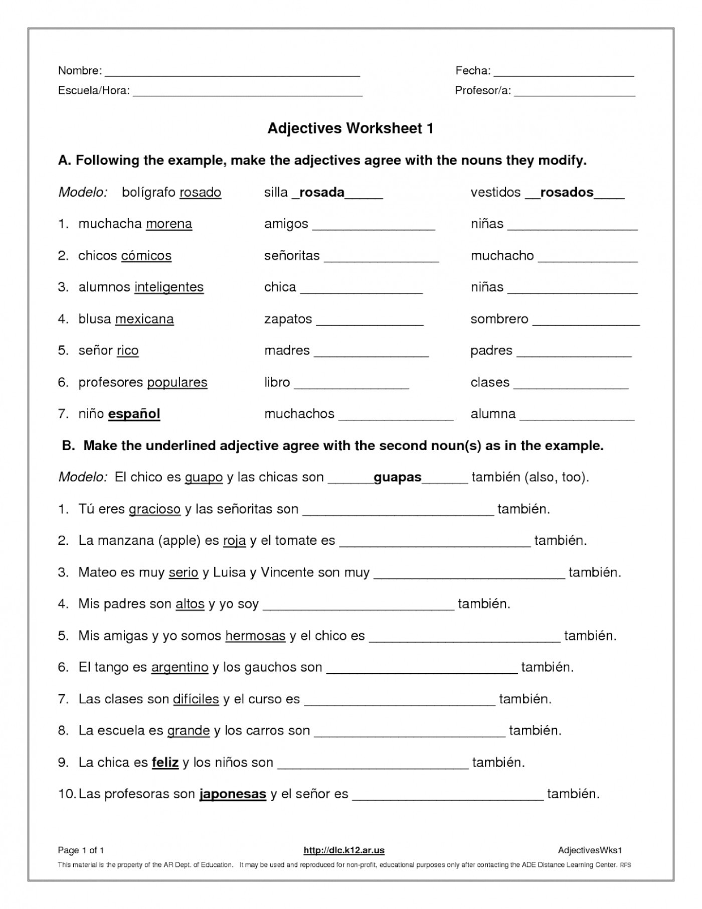 Adjective Agreement Spanish Worksheet Pdf