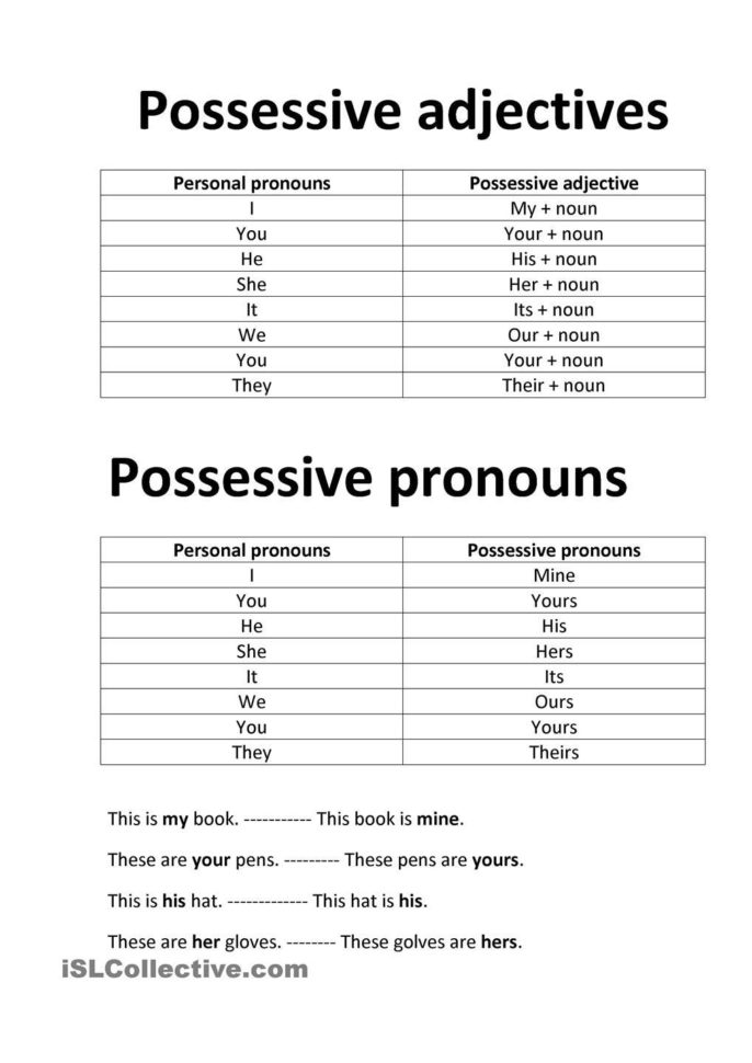 Worksheet 2 Possessive Adjectives Answer Key