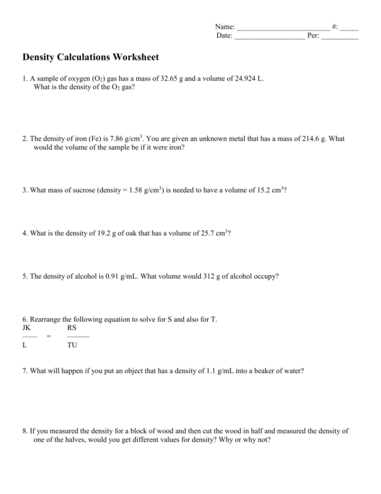 Density Calculations Worksheet