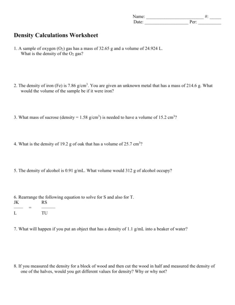 Density Calculations Worksheet